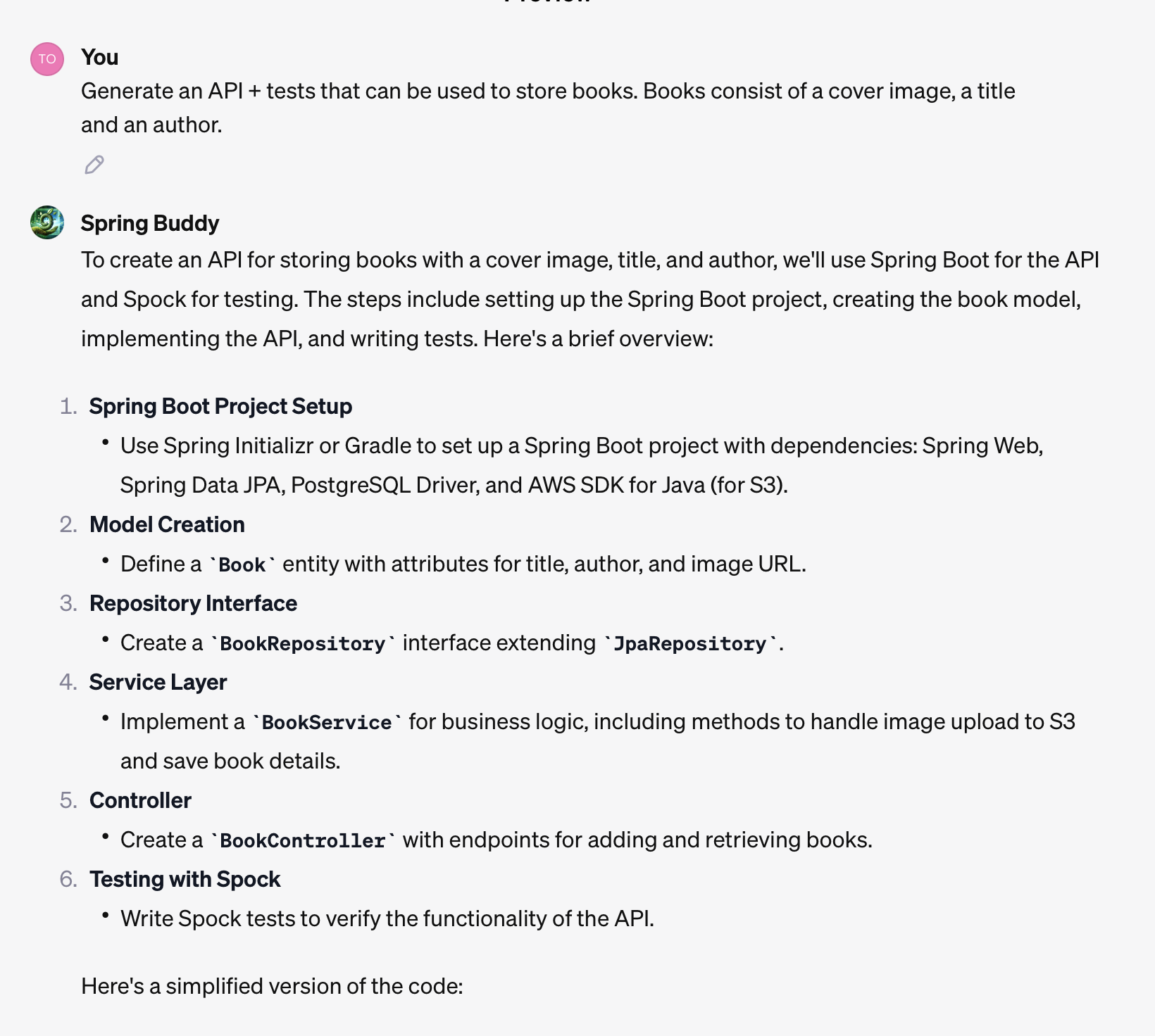 Asking Spring Buddy to create an API to store books + tests.