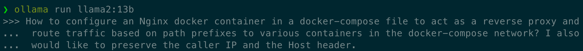 Prompting Ollama to tell me how to configure Nginx as a reverse proxy.